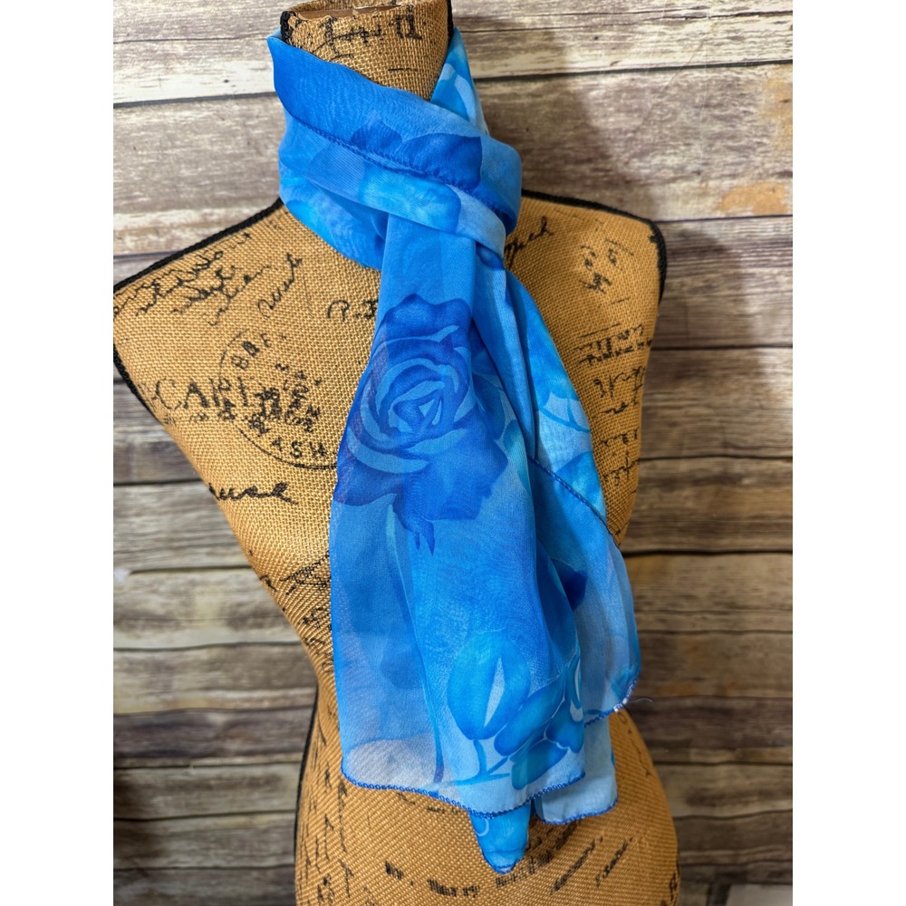 Blue Floral Rose Print Sheer Chiffon Scarf Rectangular Lightweight Wrap